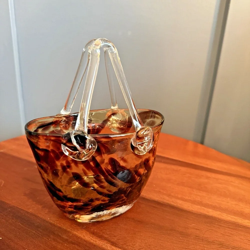 Murano Style Art Glass Purse Vase Amber Tortoiseshell Handbag Vase Decor